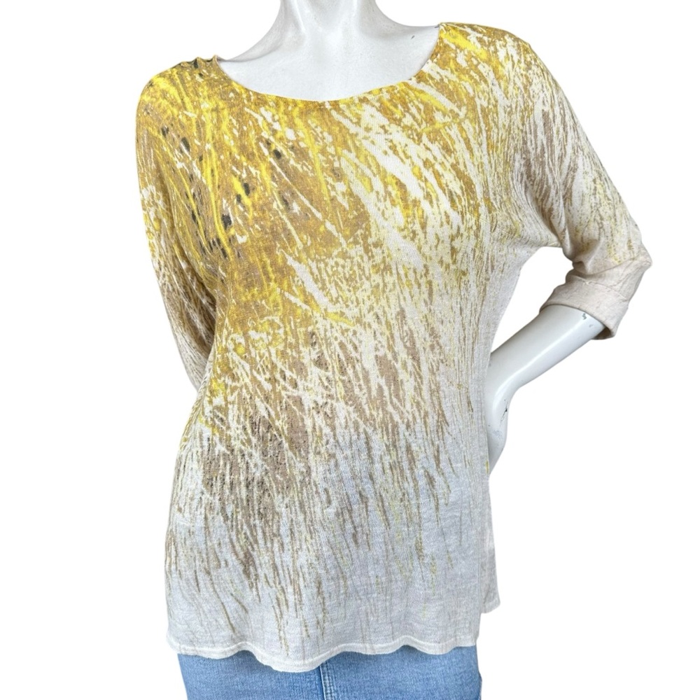 Nic+Zoe Cream Yellow Tan Abstract Print Linen Blend 3/4 Sleeve Keyhole Back Med